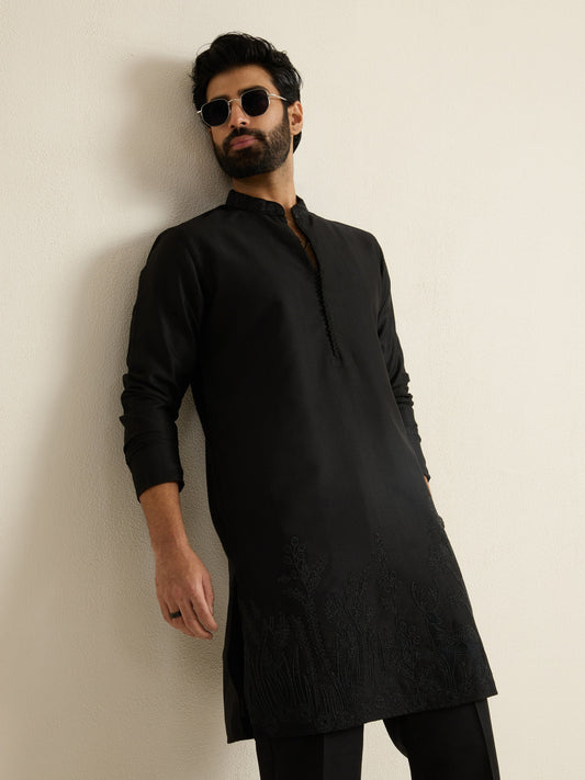 Mens Black Blended Embroidery Kurta