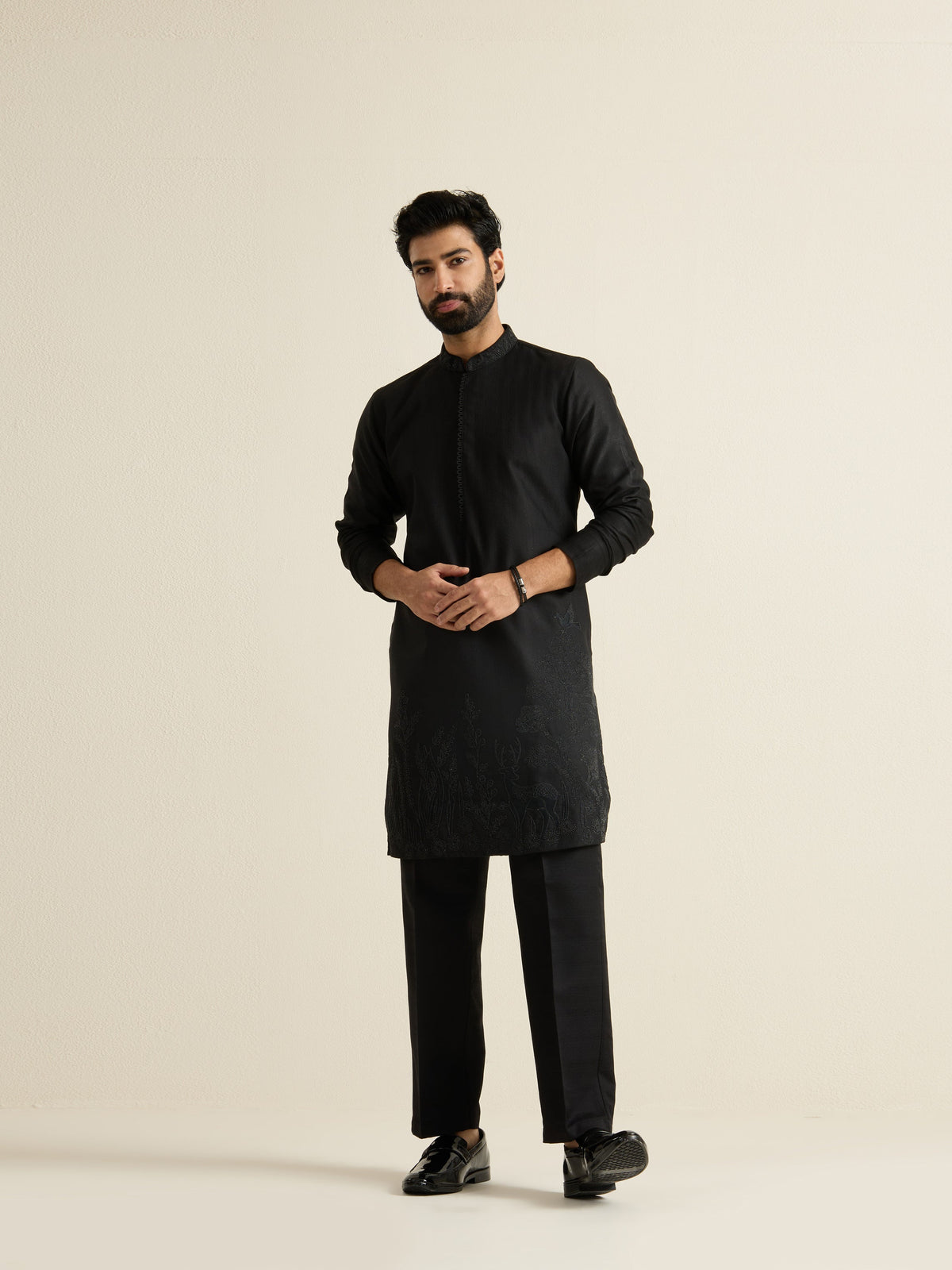Mens Black Blended Embroidery Kurta