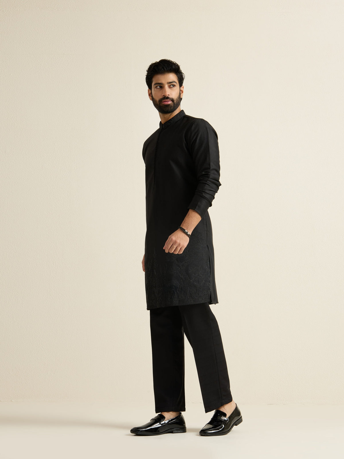 Mens Black Blended Embroidery Kurta