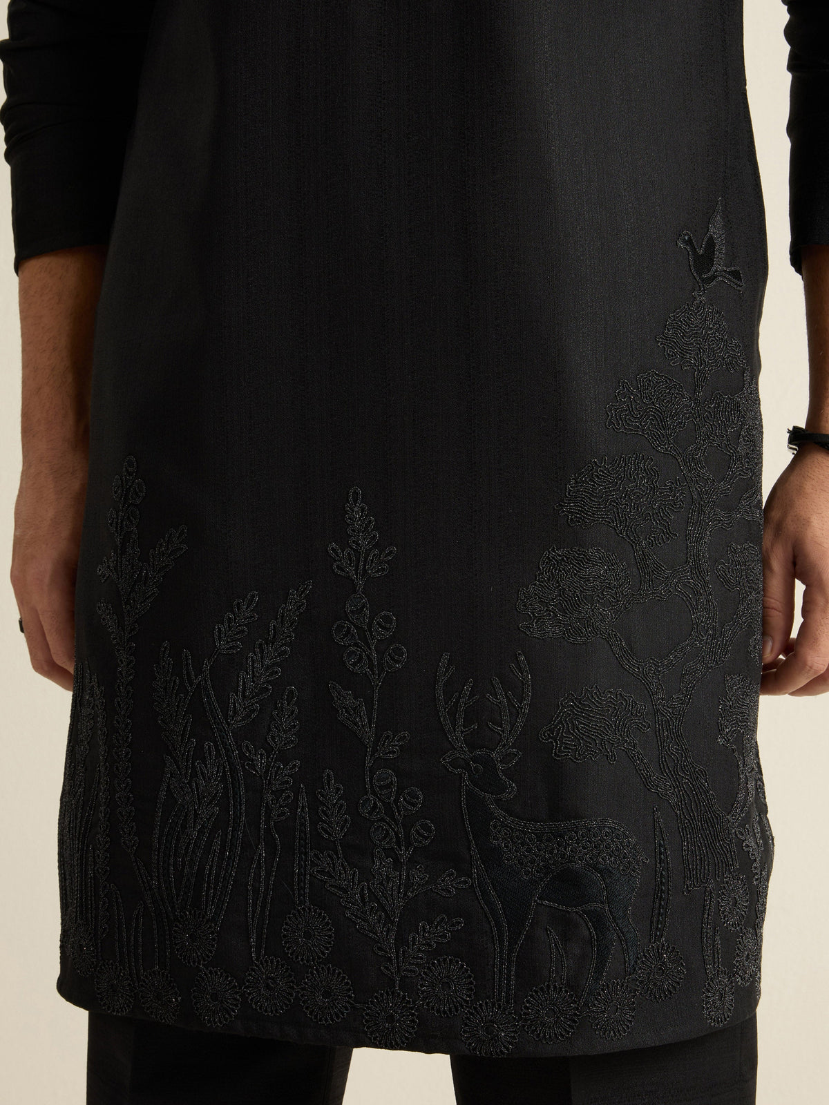 Mens Black Blended Embroidery Kurta
