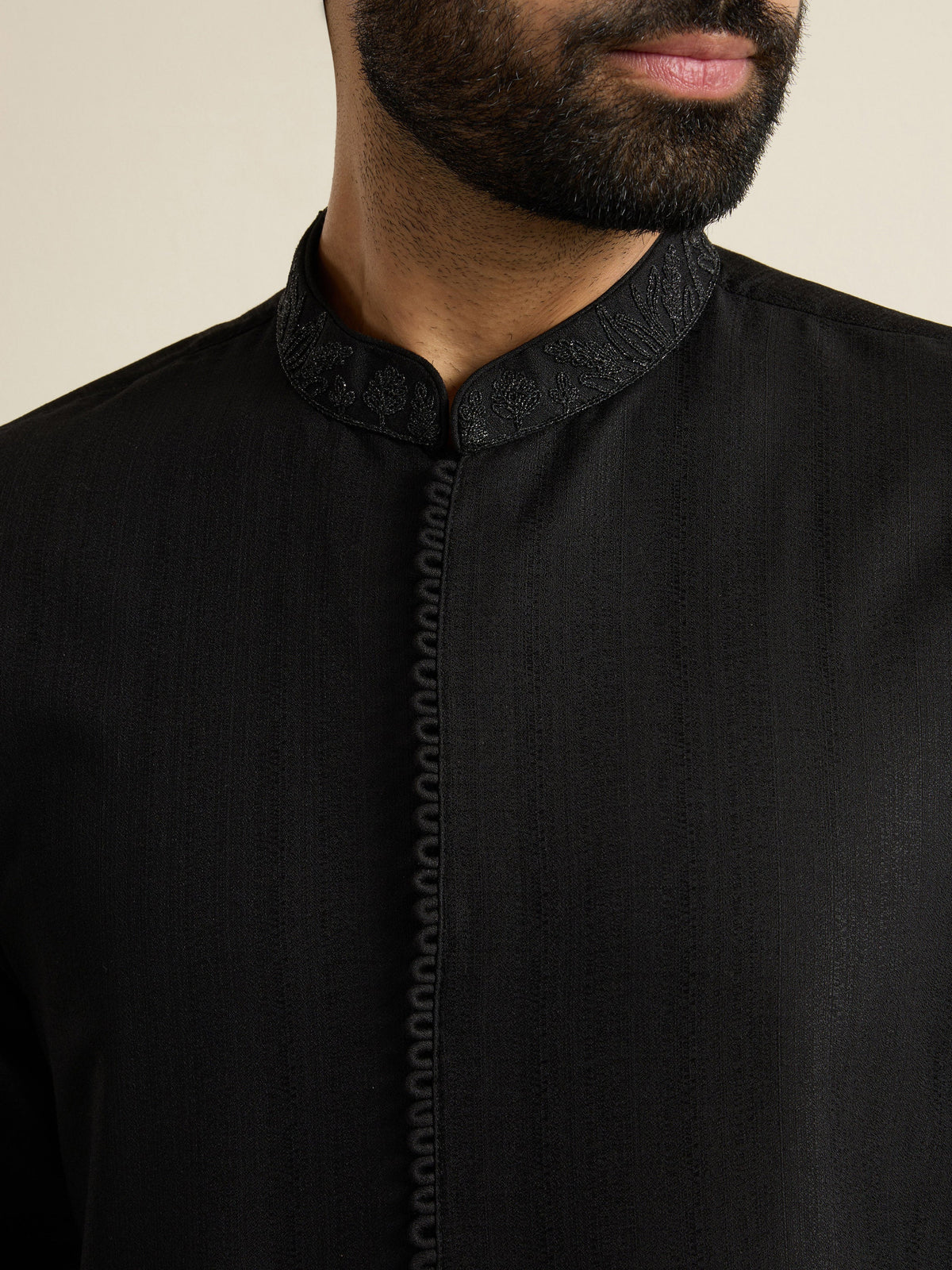 Mens Black Blended Embroidery Kurta