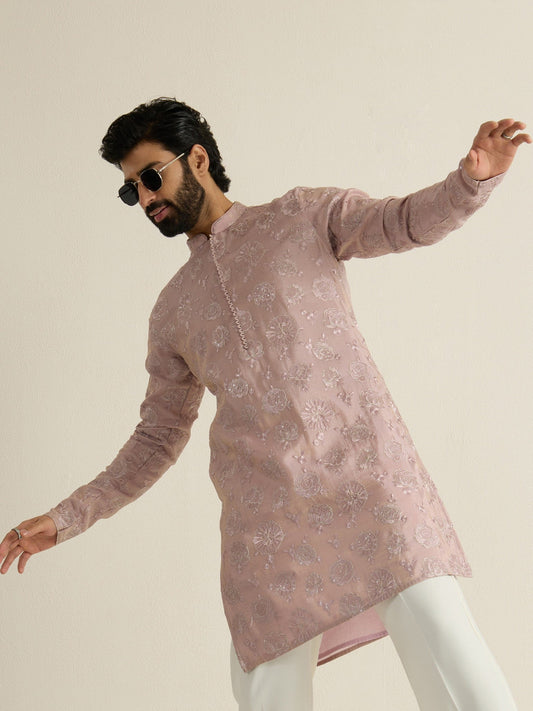 Mens Purple Tissue Embroidery Kurta