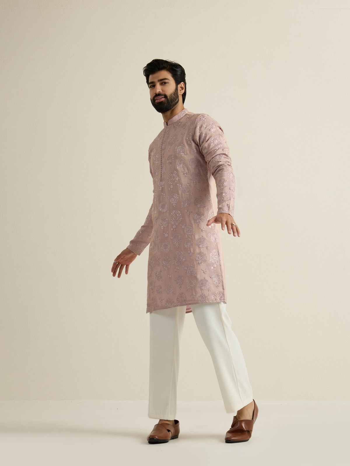 Mens Purple Tissue Embroidery Kurta