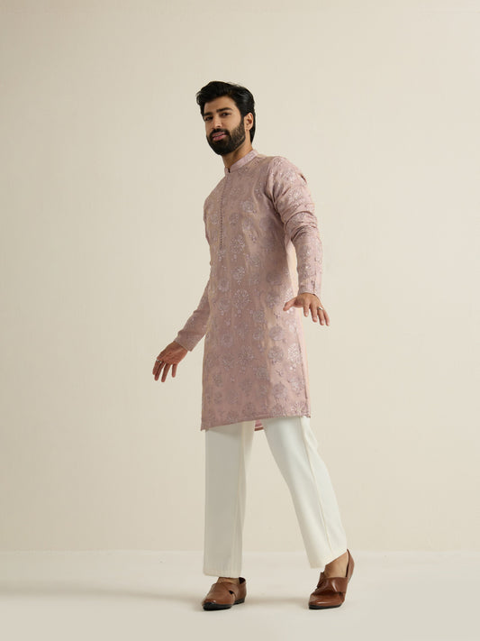 Mens Purple Tissue Embroidery Kurta