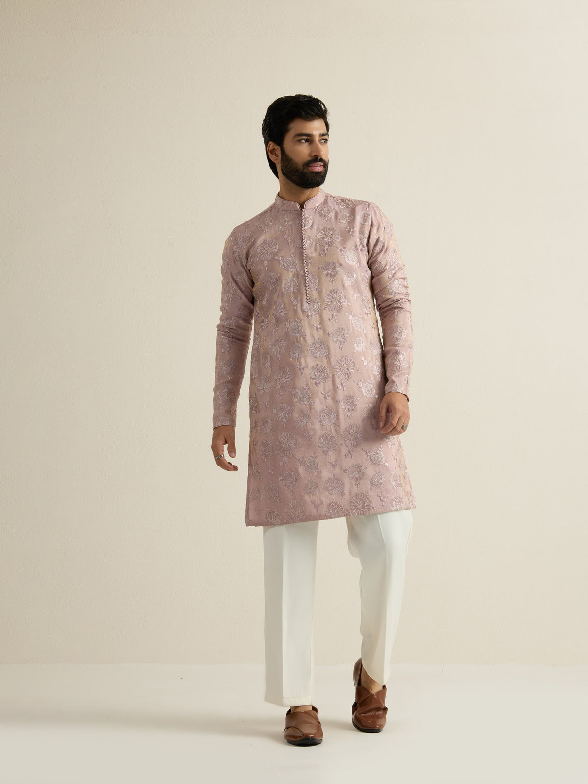 Mens Purple Tissue Embroidery Kurta