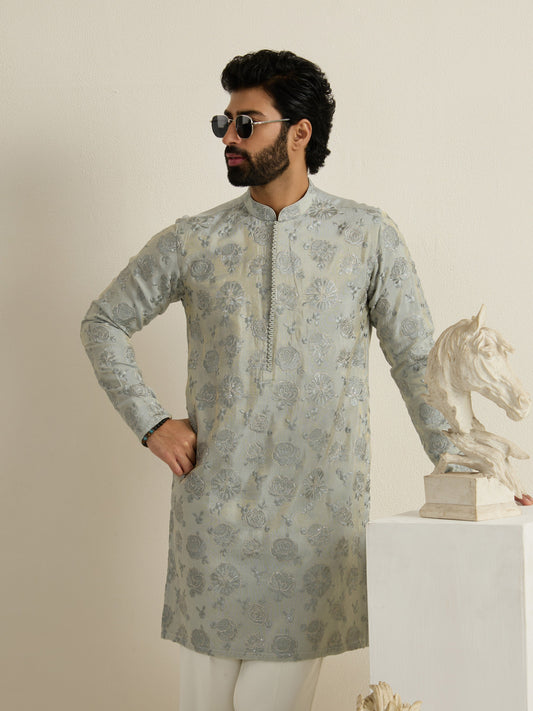 Mens Green Tissue Embroidery Kurta