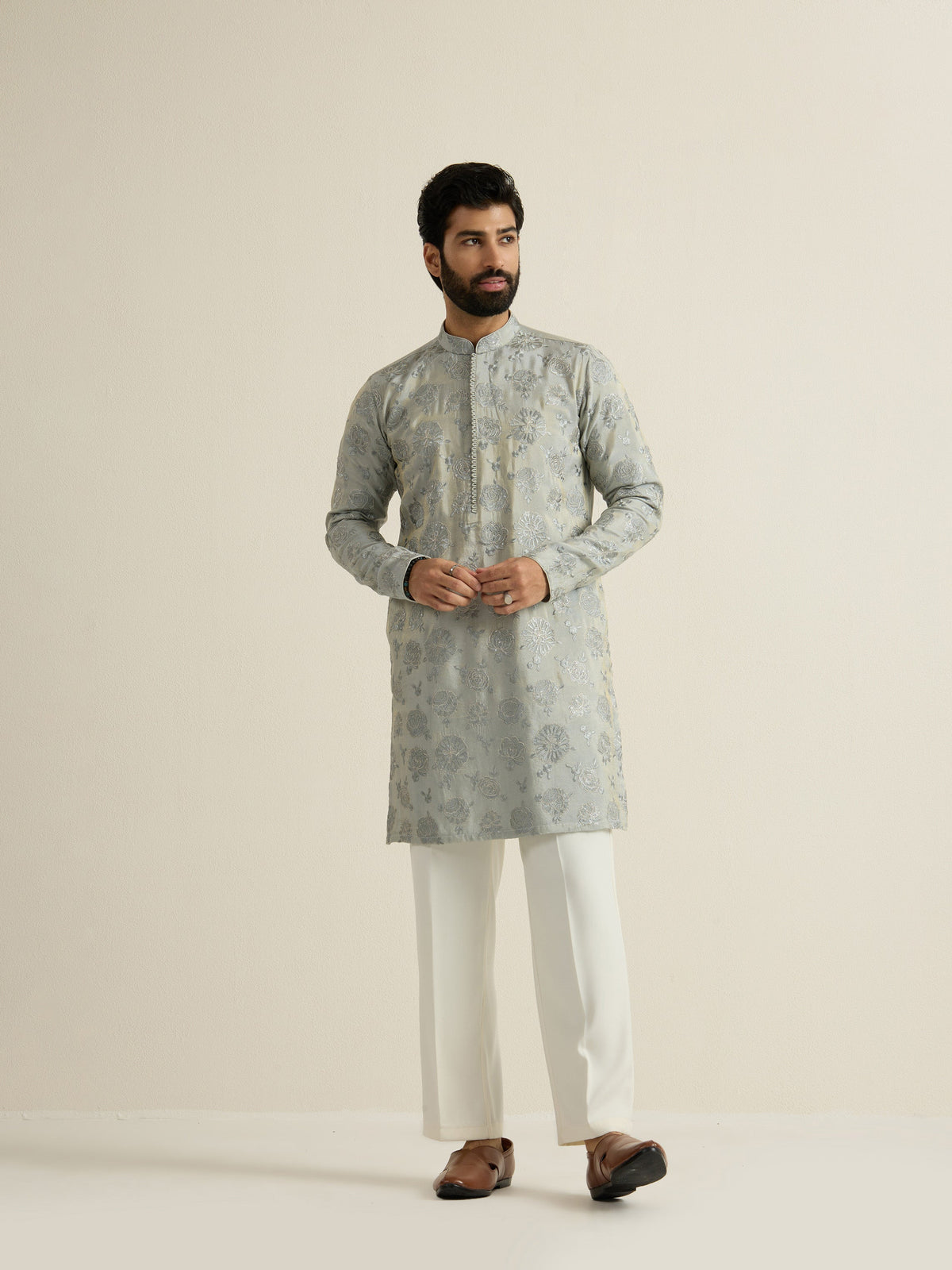 Mens Green Tissue Embroidery Kurta
