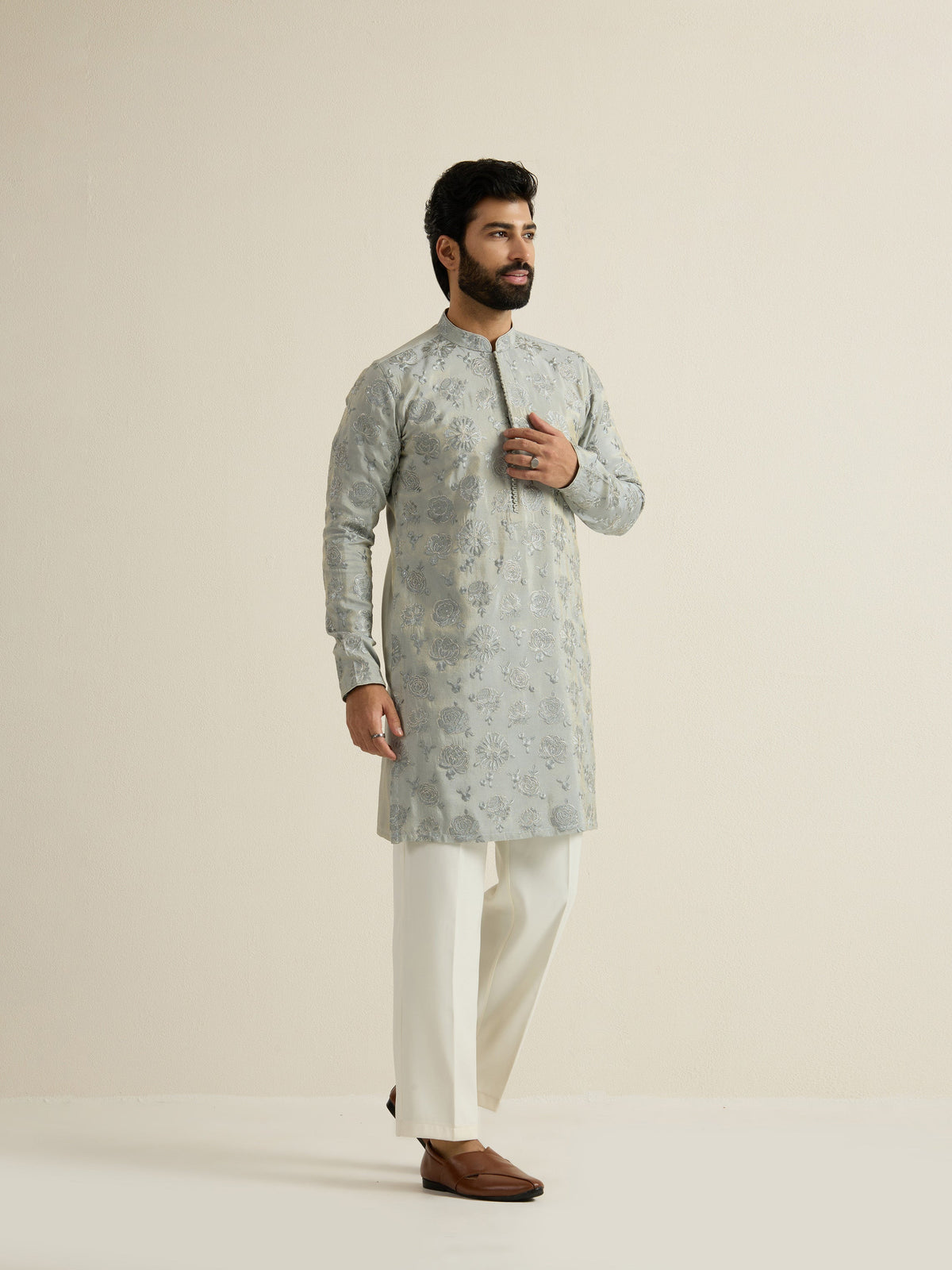 Mens Green Tissue Embroidery Kurta