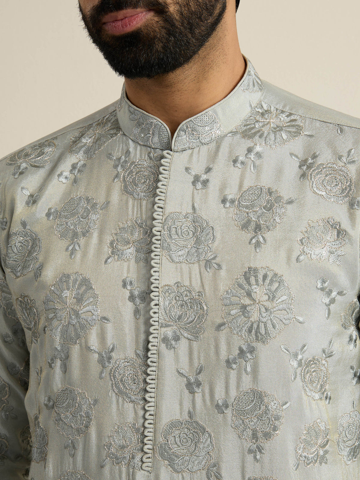 Mens Green Tissue Embroidery Kurta