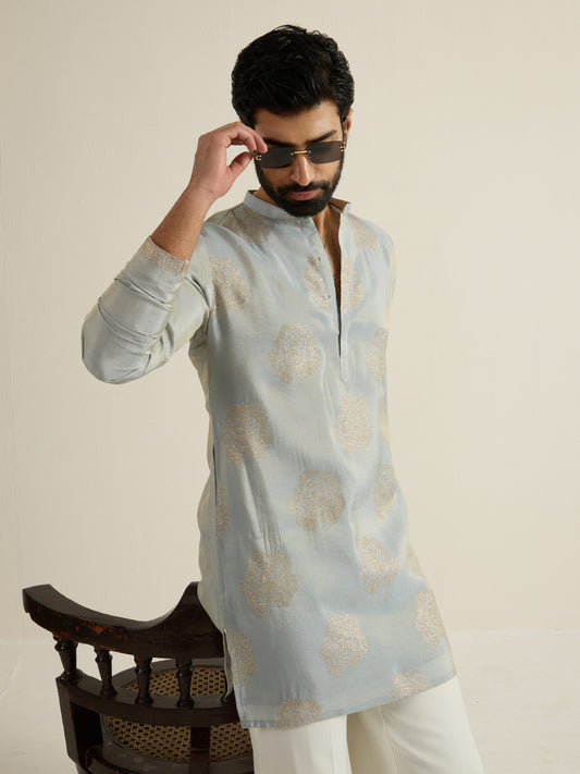 Mens Green Tissue Embroidery Kurta
