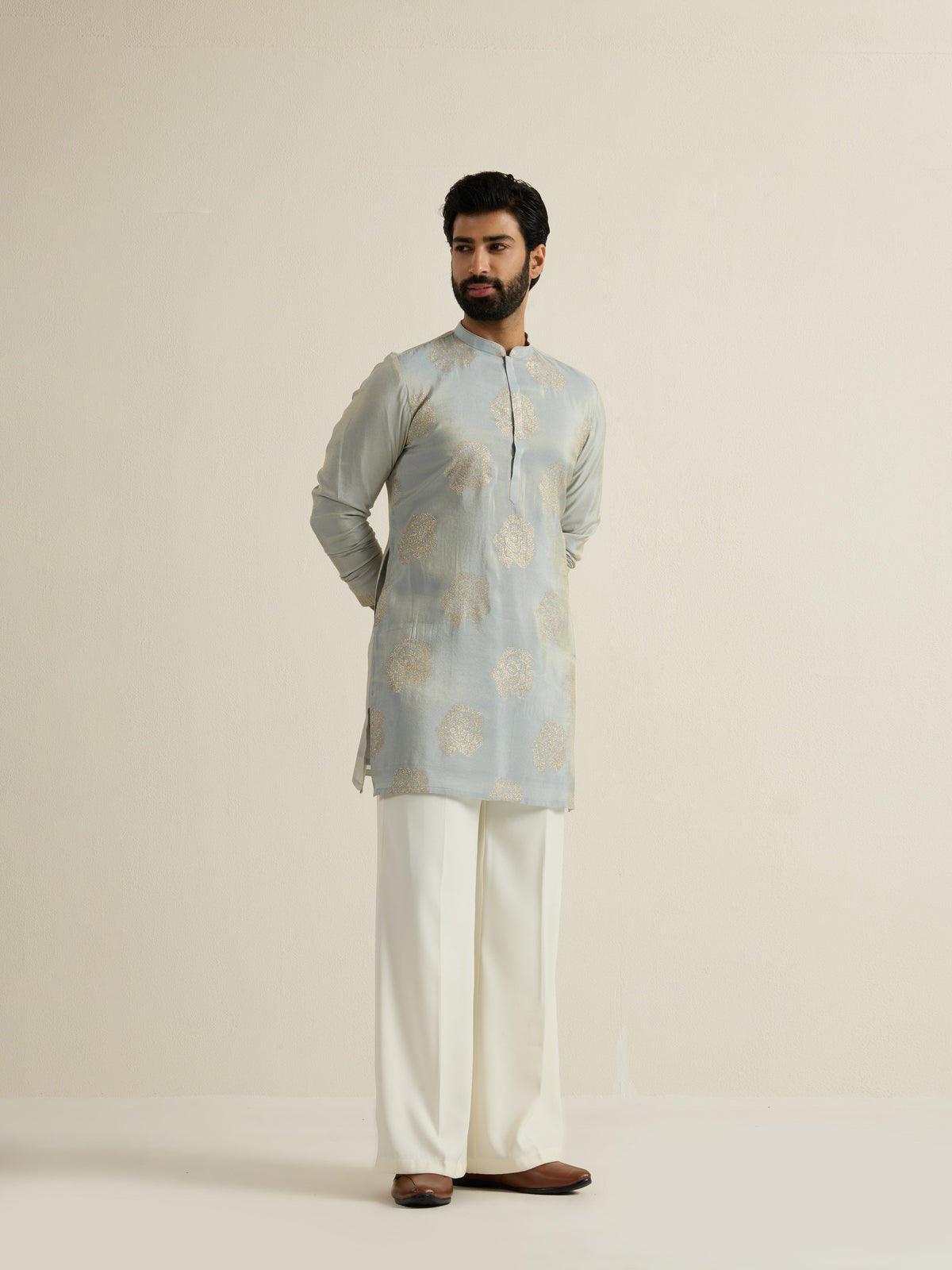 Mens Green Tissue Embroidery Kurta