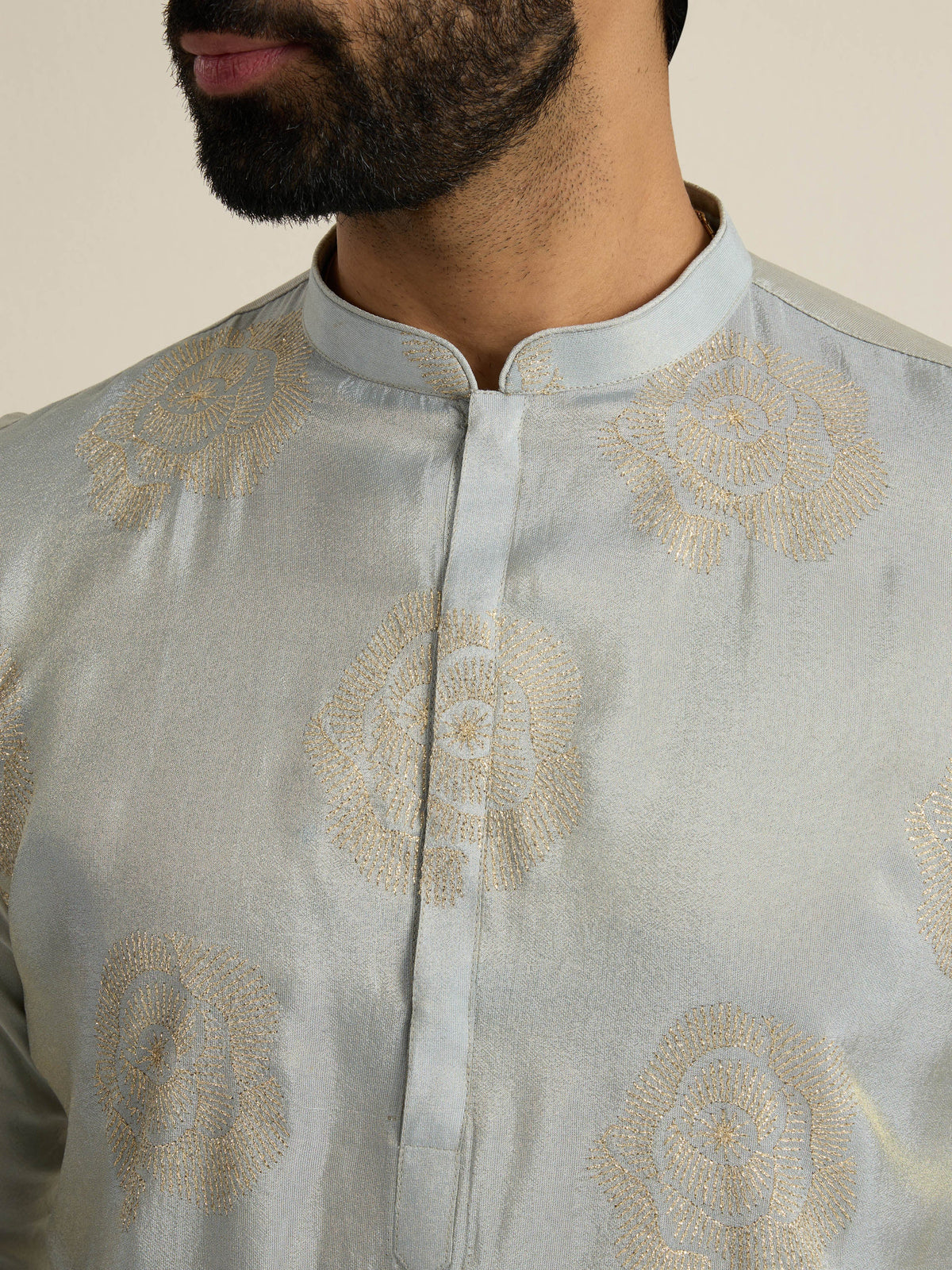Mens Green Tissue Embroidery Kurta