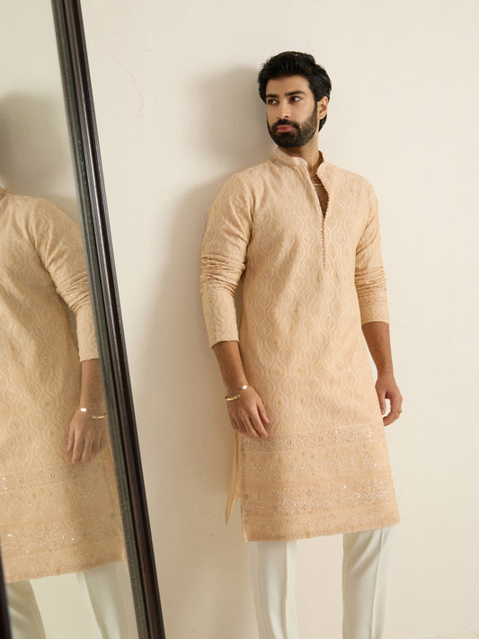 Mens Brown Tissue Embroidery Kurta