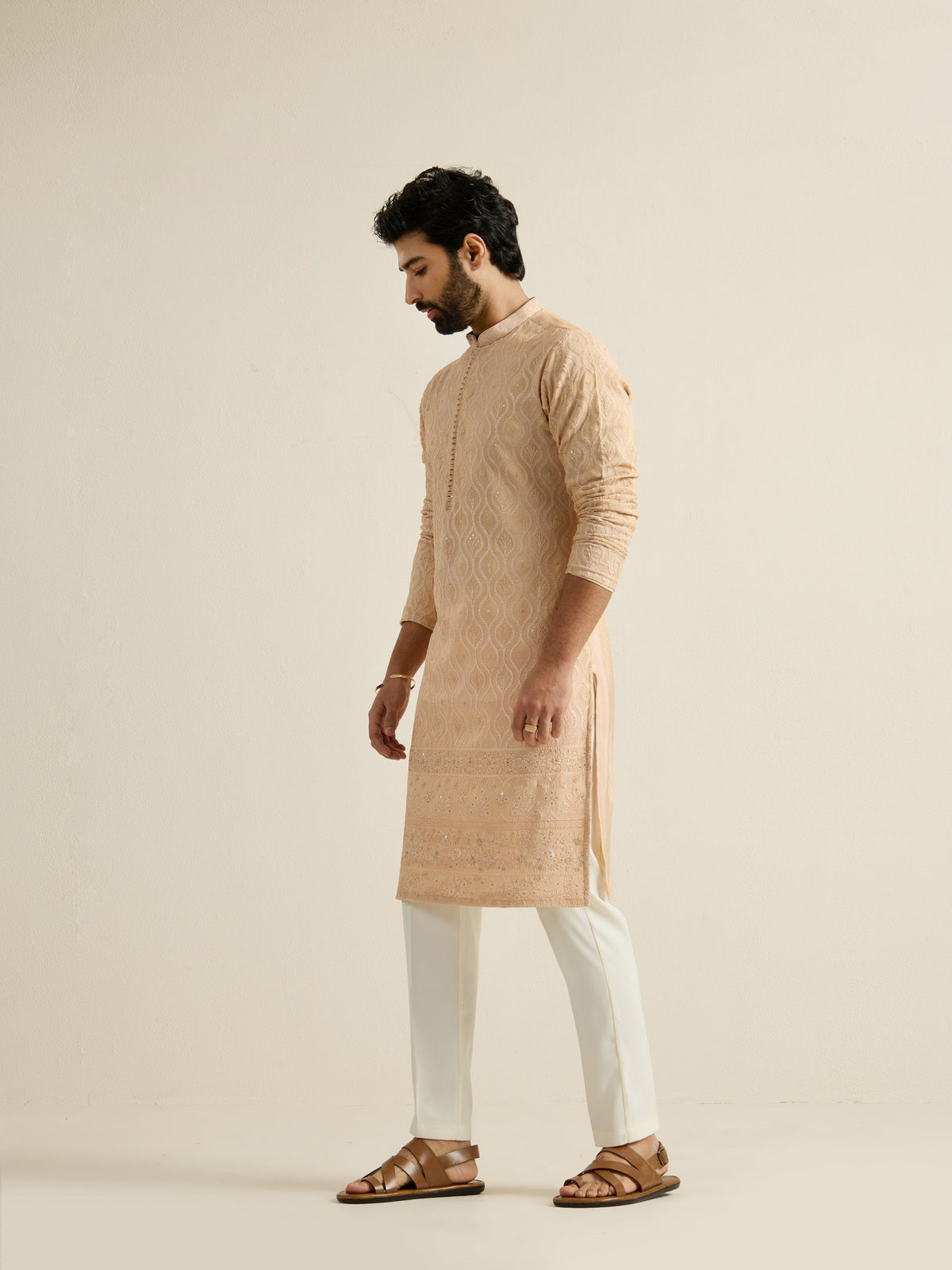 Mens Brown Tissue Embroidery Kurta