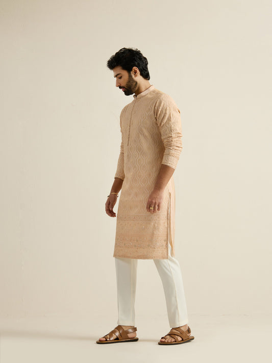 Mens Brown Tissue Embroidery Kurta