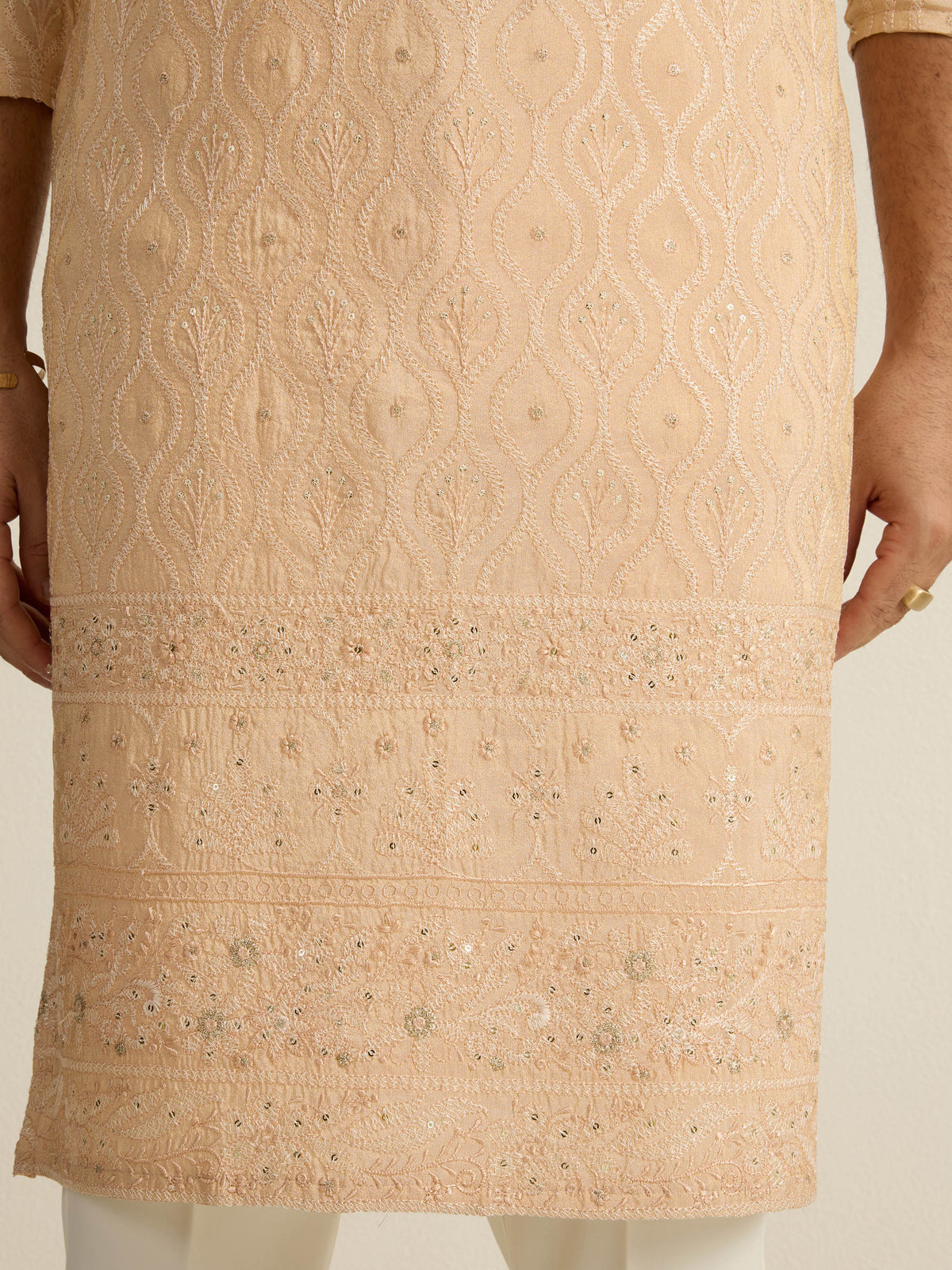 Mens Brown Tissue Embroidery Kurta