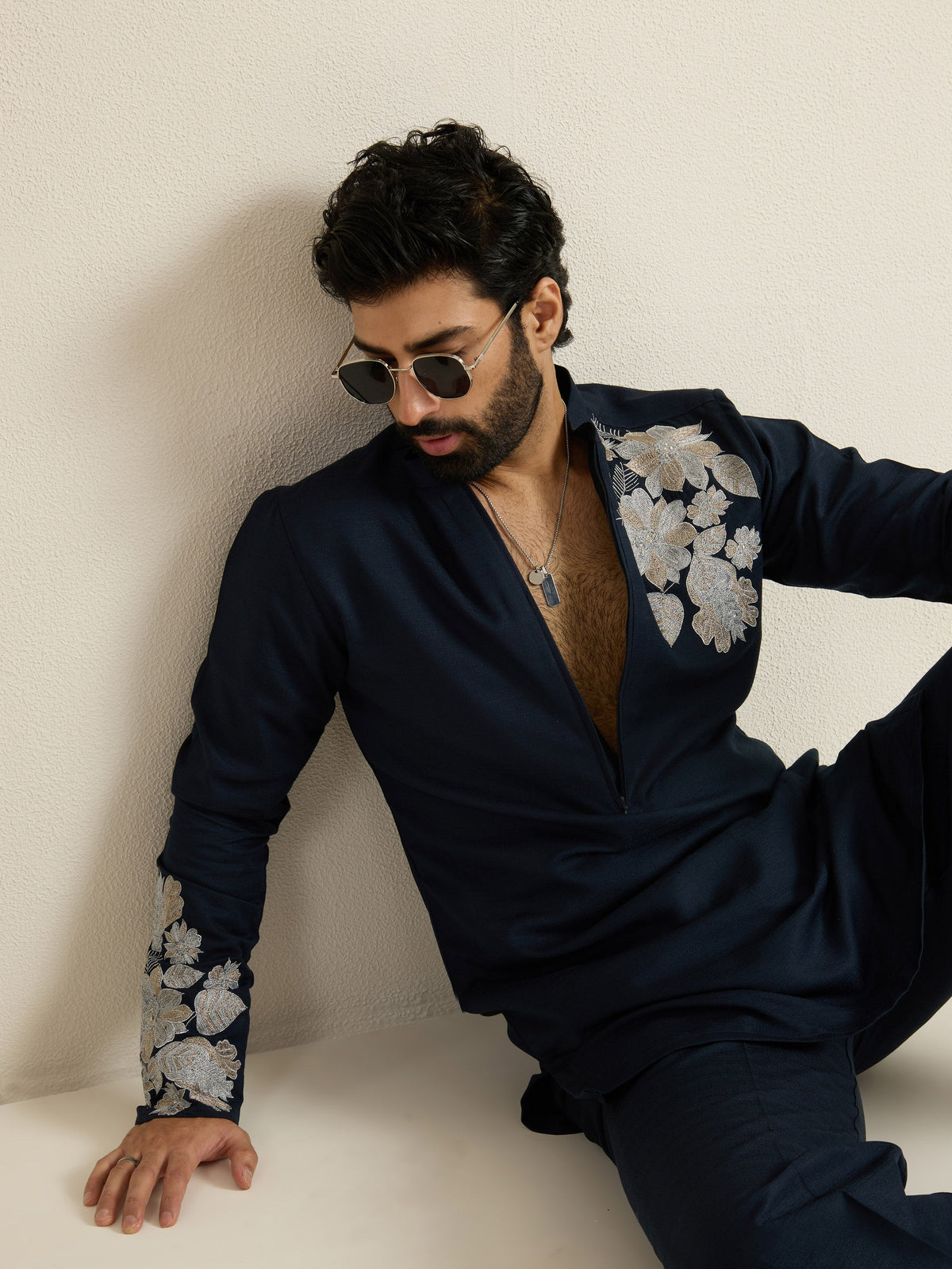 Mens Blue Blended Embroidery Kurta with Front Zipper