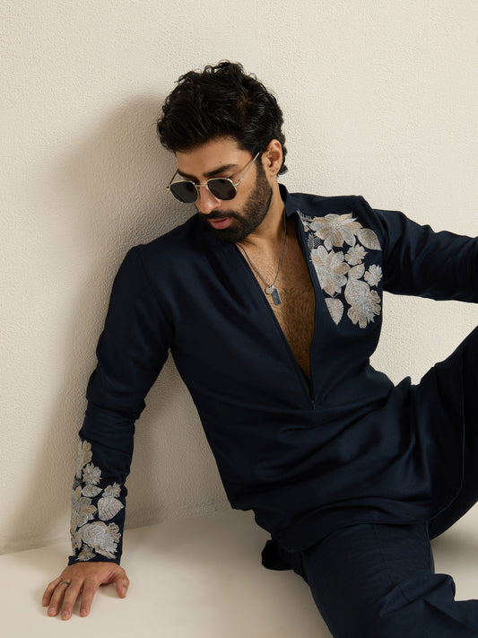 Mens Blue Blended Embroidery Kurta with Front Zipper