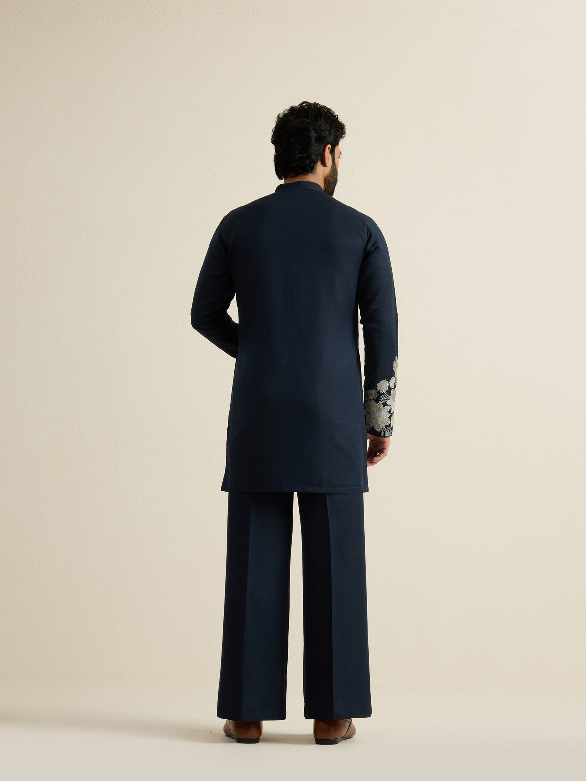 Mens Blue Blended Embroidery Kurta with Front Zipper