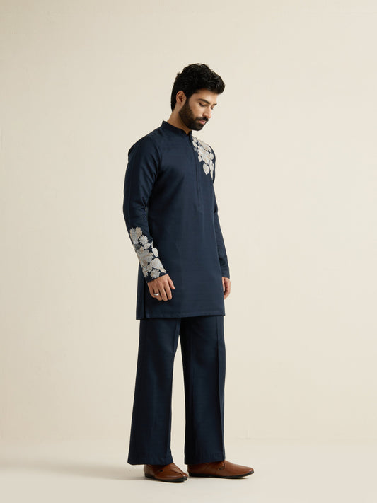 Mens Blue Blended Embroidery Kurta with Front Zipper