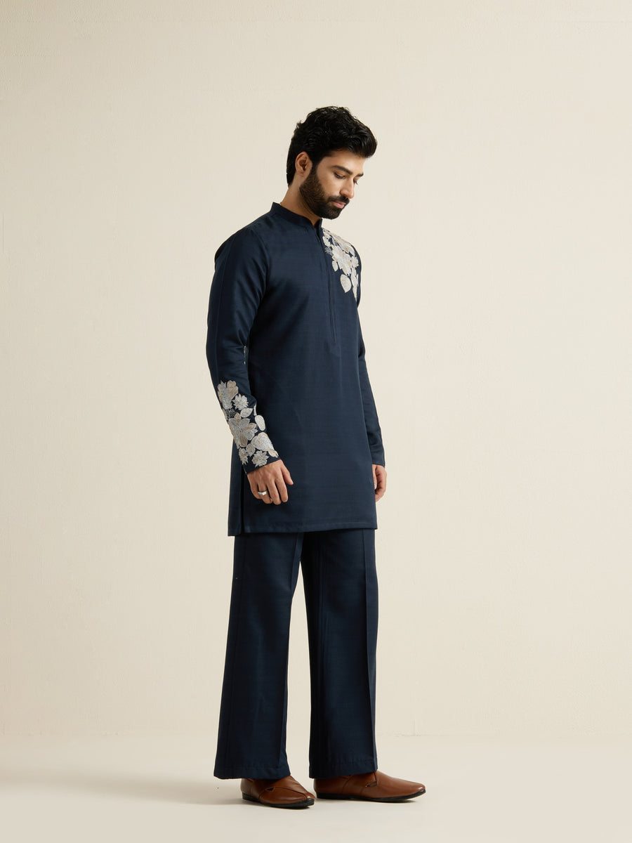 Mens Blue Blended Embroidery Kurta with Front Zipper