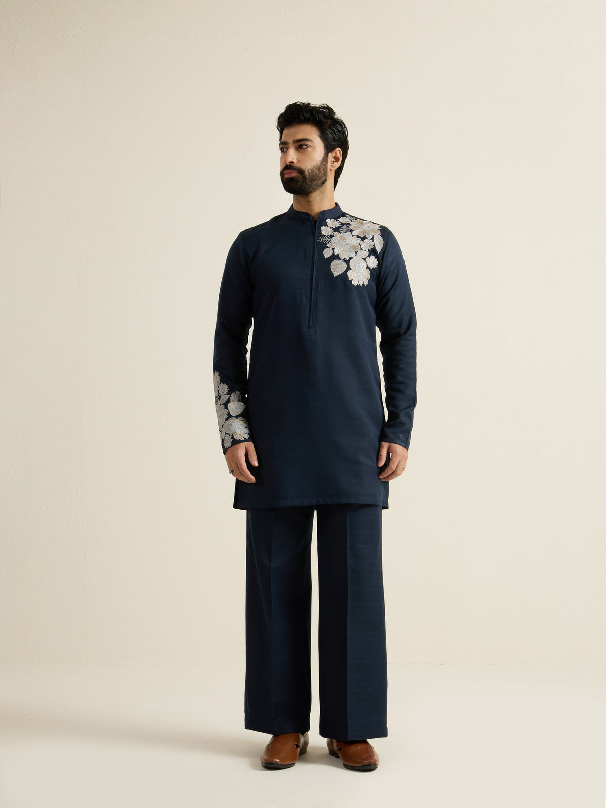 Mens Blue Blended Embroidery Kurta with Front Zipper