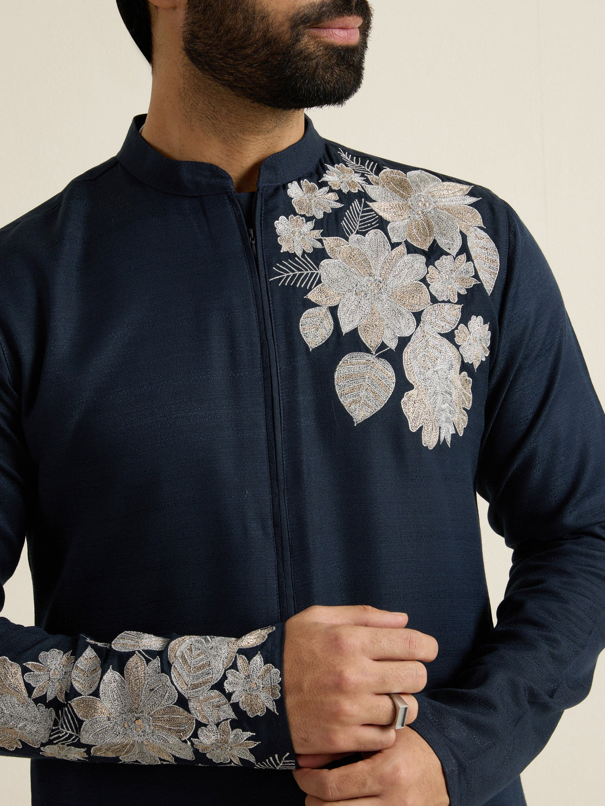Mens Blue Blended Embroidery Kurta with Front Zipper