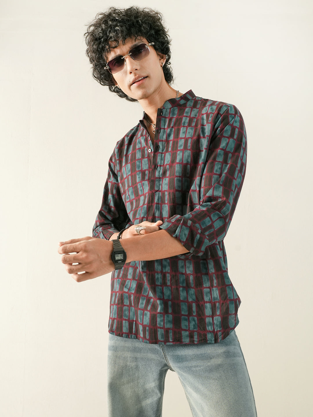 Men Blue Cotton Print Kurta