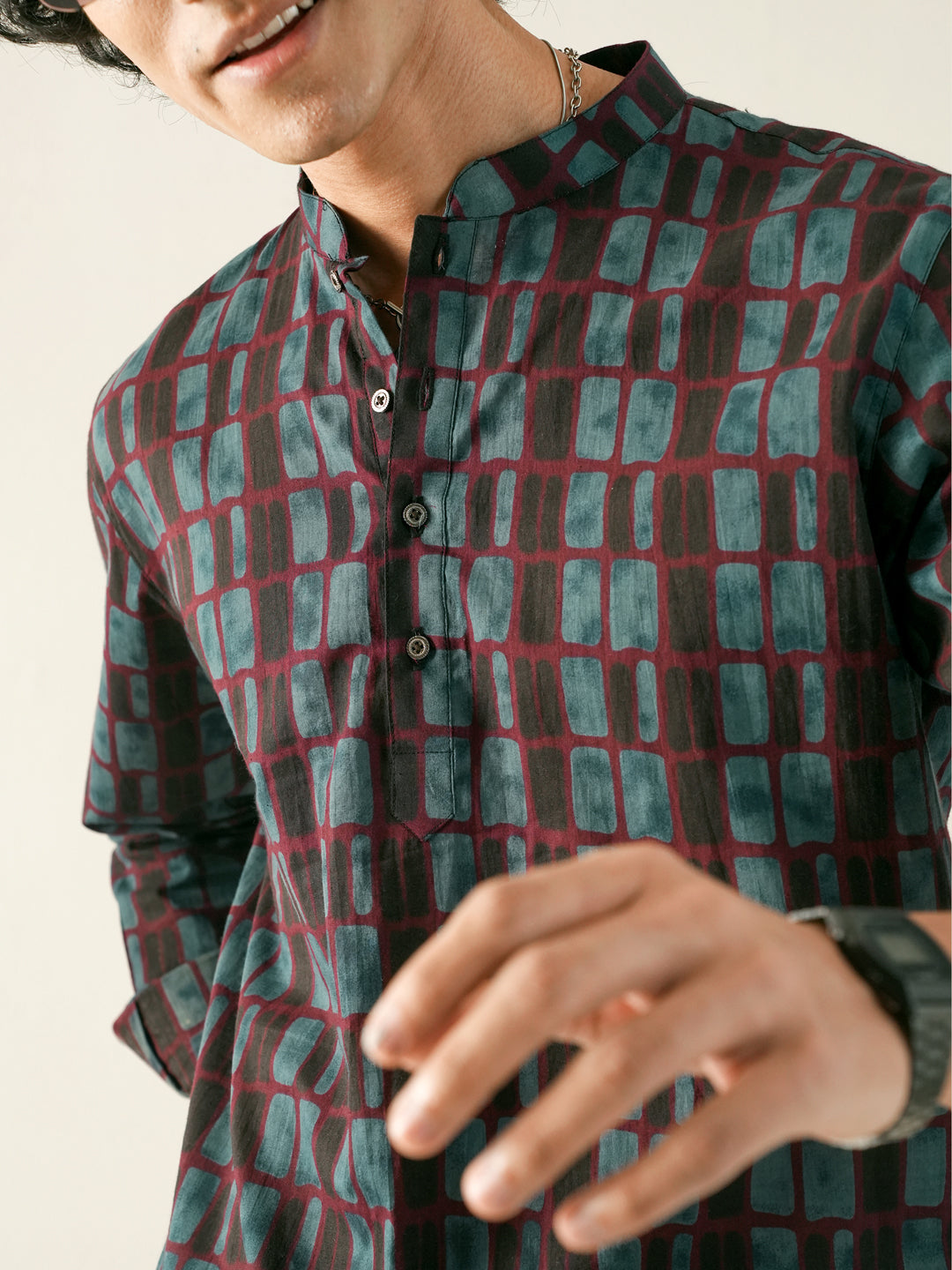 Men Blue Cotton Print Kurta